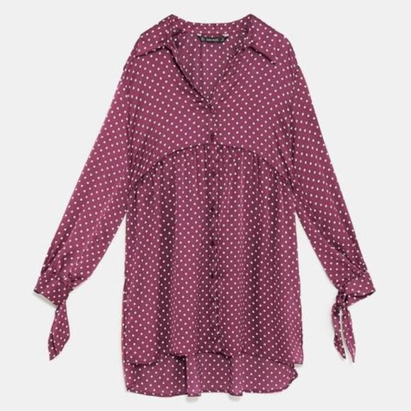 Zara Satin Burgundy Red Polka Dot Button Down Long Sleeve Tunic Top - Picture 3 of 7